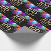 100e verjaardag Zwarte en Gold-ballonnen Cadeaupapier (Hoek)