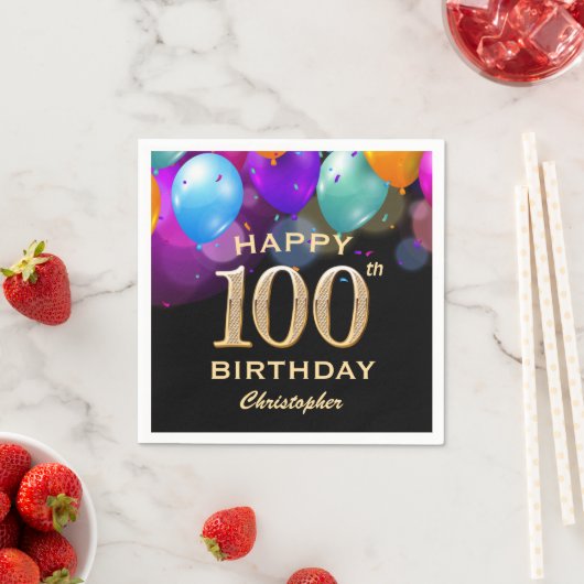 100e verjaardag Zwarte en Gold-ballonnen Servet (Insitu)