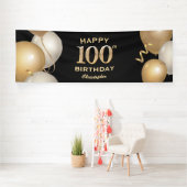 100e verjaardag Zwarte en Gold-ballonnen Spandoek (Insitu)