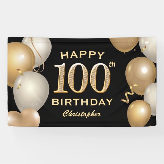 100e verjaardag Zwarte en Gold-ballonnen Spandoek (Horizontaal)