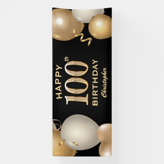 100e verjaardag Zwarte en Gold-ballonnen Spandoek (Verticaal)