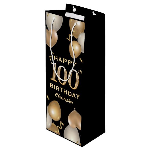 100e verjaardag Zwarte en Gold-ballonnen Wijn Cadeautas (Achterkant Gekanteld)