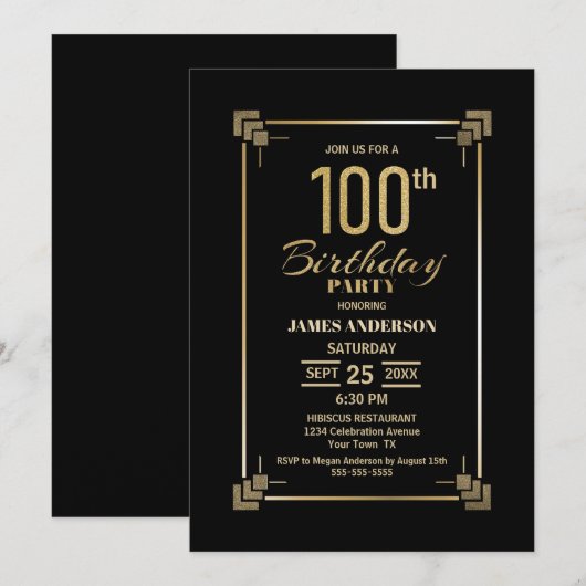 100e verjaardag - Zwarte en Gold Party Kaart (Voorkant / Achterkant)
