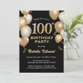 100e verjaardag zwarte en goudballonnen kaart (Staand voorkant)