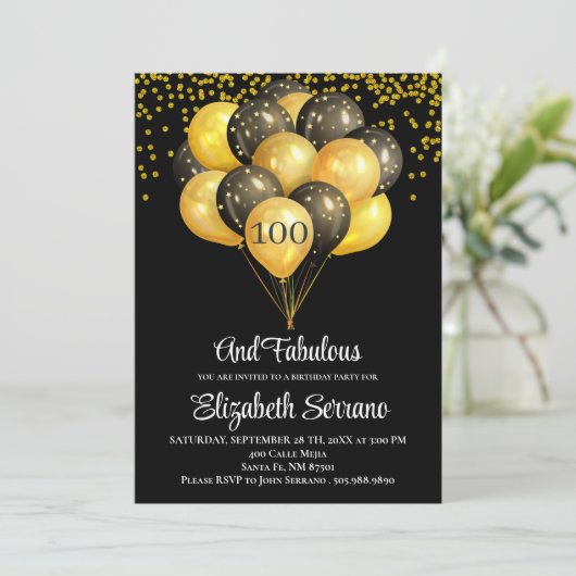 100e verjaardag zwarte en gouduitnodiging kaart (Staand voorkant)