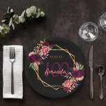 100e verjaardag zwarte gouden bloedige Bourgogne Papieren Bordje<br><div class="desc">Een bord voor een 100e verjaardagsfeestje. Een zwarte achtergrond met een vals goud geometrisch lijst. Gedemoreerd met donkere paarse en bruine bloemen, rozen en boho-veren. Sjablonen voor een naam, leeftijd 100 en een datum. Geboortedatum of -datum van de partij. De naam wordt geschreven met een handgeschreven stijlmanuscript, roze gekleurde brieven,...</div>