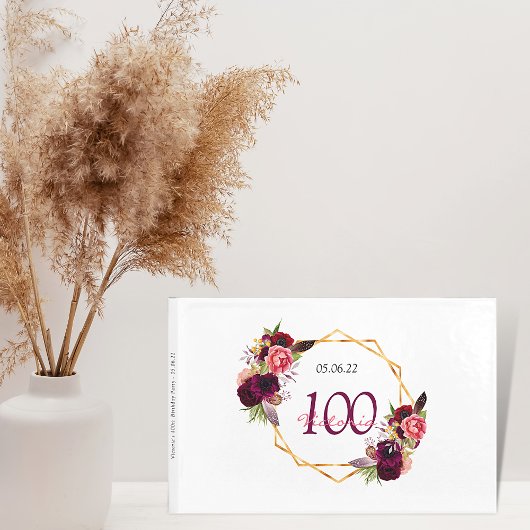 100e verjaardagsfeest burgundy floral geometric gastenboek