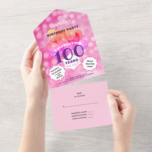 100e Verjaardagsfeest Glam Sparkle Glitz Pink All In One Uitnodiging (Afscheurbaar)