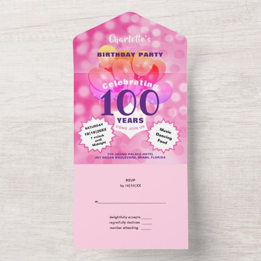100e Verjaardagsfeest Glam Sparkle Glitz Pink All In One Uitnodiging (Binnen)