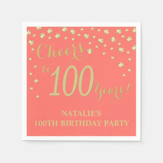 100e verjaardagsfeest Koraal en Gouden Diamant Servet (Voorkant)