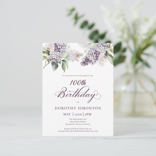 100e Verjaardagsfeest Paarse Lente Lila Bloem Uitnodiging Briefkaart (Staand voorkant)
