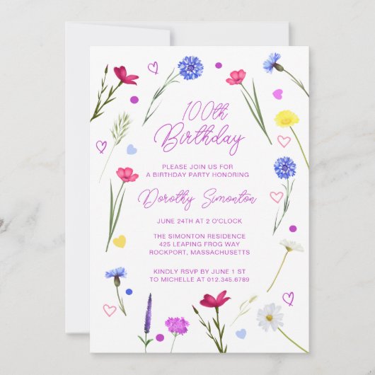 100e verjaardagsfeest Paarse Wildflower Meadow Kaart (Voorkant)
