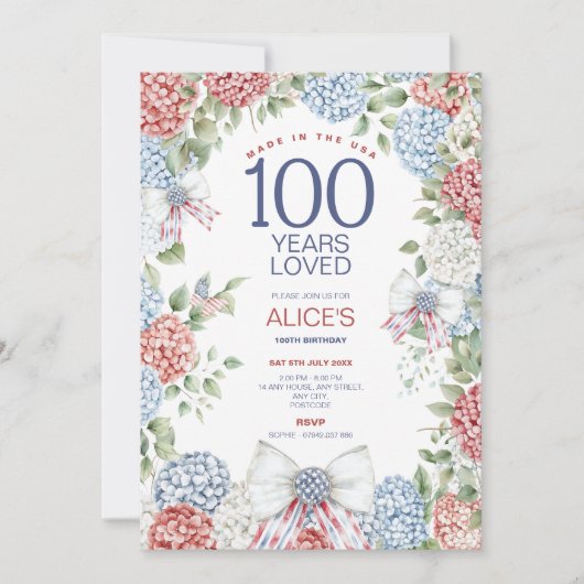 100e verjaardagsfeest, rood wit en blauw, 4 juli kaart (Voorkant)