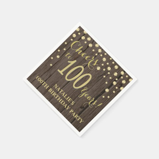 100e verjaardagsfeest rustiek hout en gouden diama servet (Hoek)