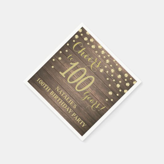 100e verjaardagsfeest rustiek hout en gouden diama servet (Hoek)