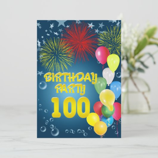 100e verjaardagsfeest Uitnodiging met ballonnen (Staand voorkant)