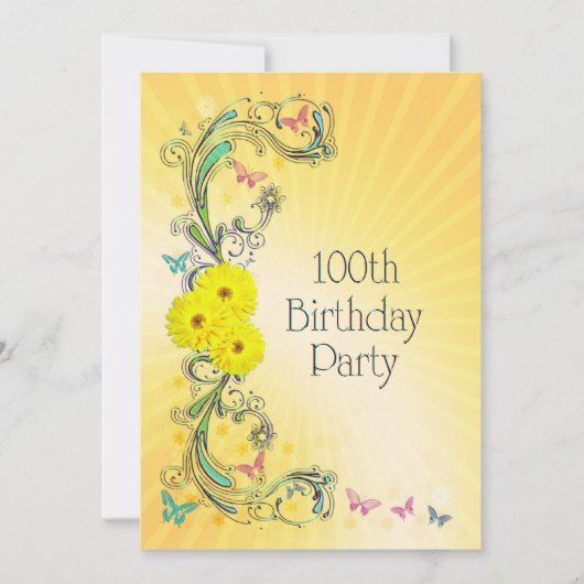 100e Verjaardagsfeest Uitnodiging met gele bloem (Voorkant)
