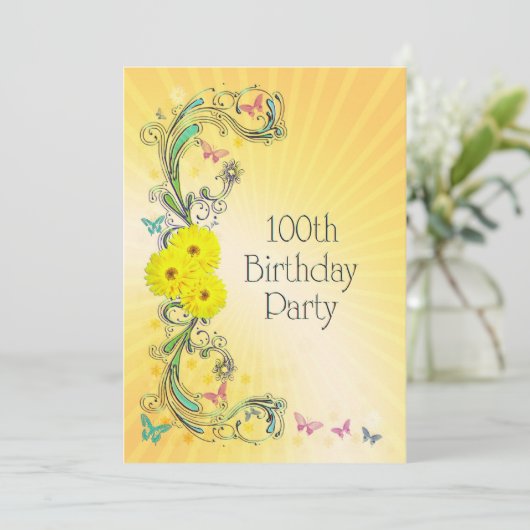100e Verjaardagsfeest Uitnodiging met gele bloem (Staand voorkant)