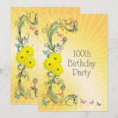 100e Verjaardagsfeest Uitnodiging met gele bloem (Voorkant / Achterkant)