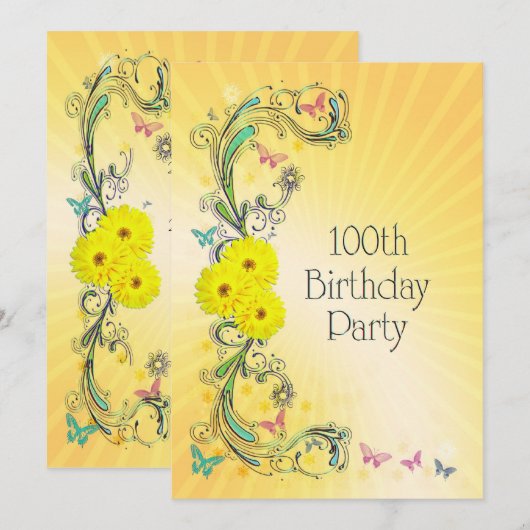 100e Verjaardagsfeest Uitnodiging met gele bloem (Voorkant / Achterkant)