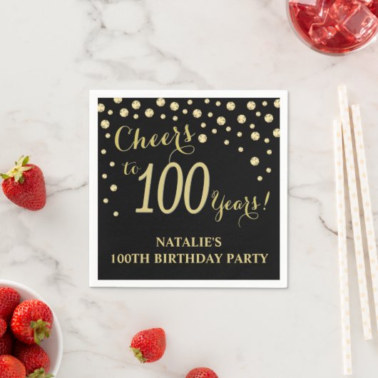 100e verjaardagsfeest zwart en goud diamant servet (Insitu)