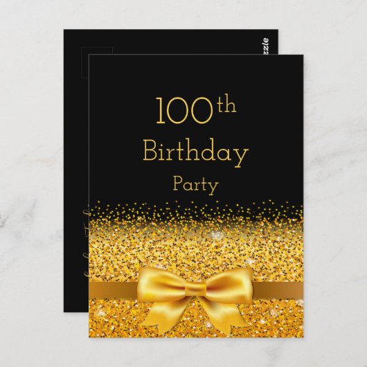 100e verjaardagsfeest zwarte gouden boog-uitnodigi briefkaart (Voorkant / Achterkant)