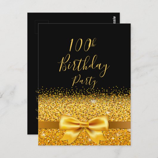 100e verjaardagsfeest zwarte gouden boog-uitnodigi briefkaart (Voorkant / Achterkant)