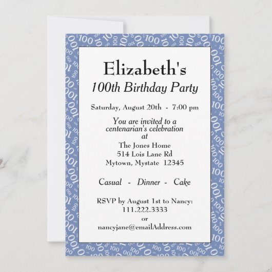 100e verjaardagsfeestje blauw/wit nummerpatroon kaart (Voorkant)
