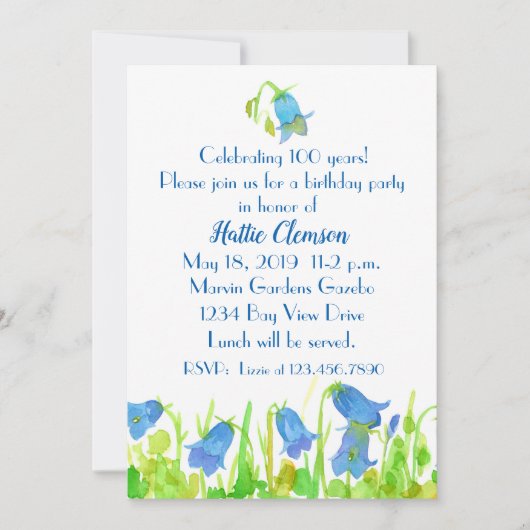 100e verjaardagsfeestje Blauwe Wildbloemen Custom Kaart (Voorkant)