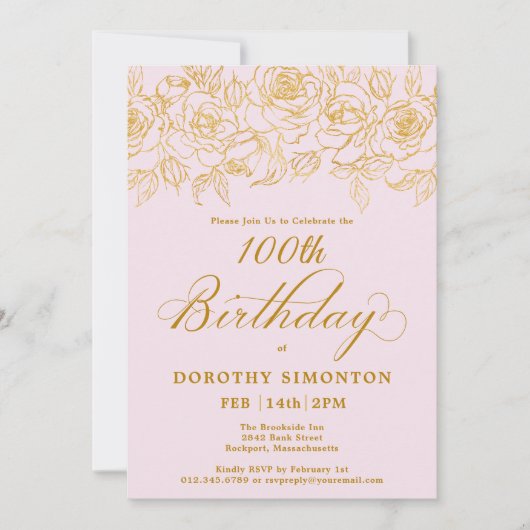 100e verjaardagsfeestje Goud Roos Bloesem Blauw Ro Kaart (Voorkant)