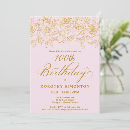 100e verjaardagsfeestje Goud Roos Bloesem Blauw Ro Kaart (Staand voorkant)