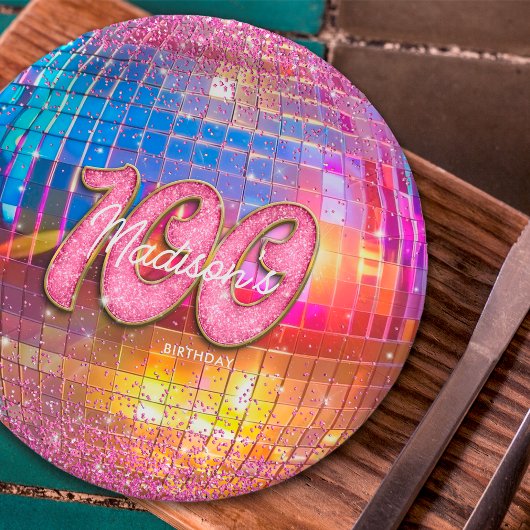 100e verjaardagsfeestje Gouden Roze Glitter Disco  Papieren Bordje