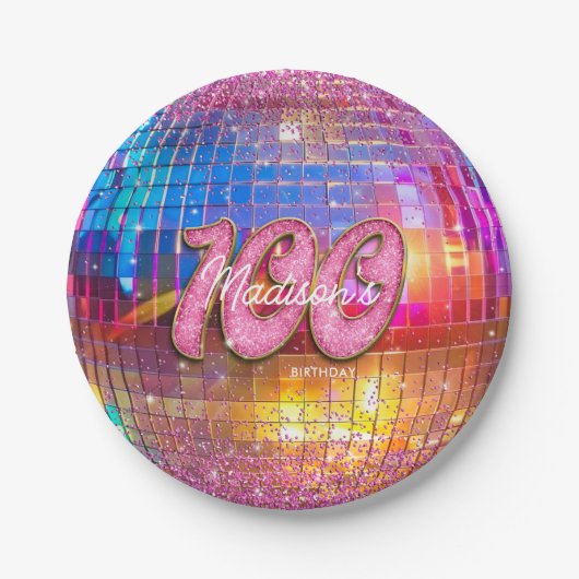 100e verjaardagsfeestje Gouden Roze Glitter Disco Papieren Bordje (Voorkant)