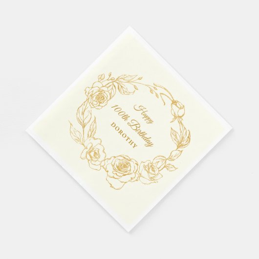 100e verjaardagsfeestje Luxe Goud Roos Ivoor Cockt Servet (Hoek)