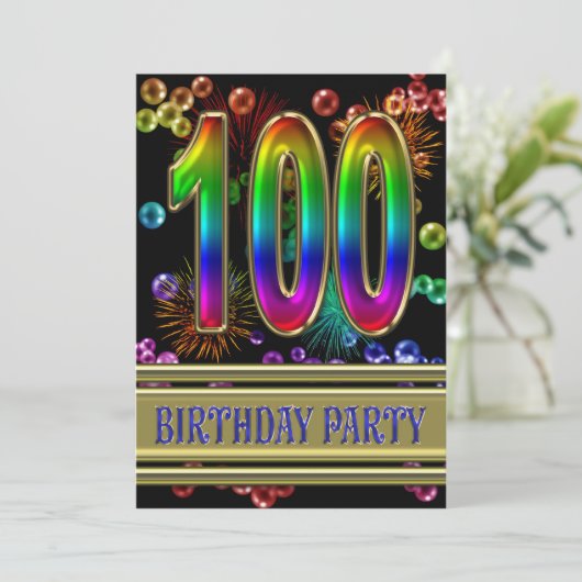 100e Verjaardagsfeestje Uitnodiging met bubbels (Staand voorkant)