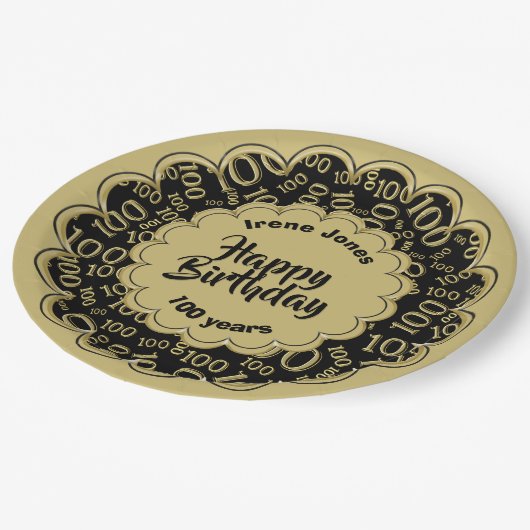 100e zwart/goud willekeurig getallenpatroon papieren bordje (Gekanteld)