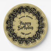 100e zwart/goud willekeurig getallenpatroon papieren bordje (Voorkant)