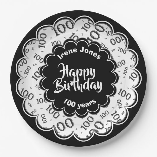 100e zwart/wit willekeurig getallenpatroon papieren bordje (Voorkant)