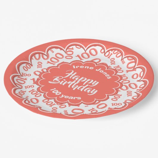 100ste koraal/wit willekeurig getallenpatroon papieren bordje (Gekanteld)