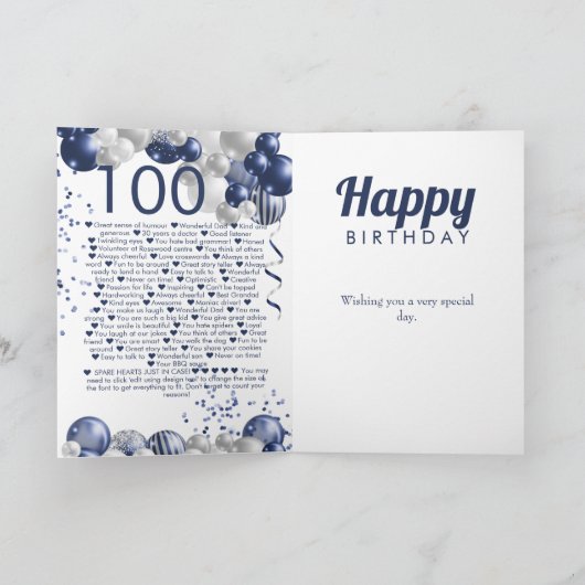 100ste verjaardag 100 redenen waarom we van je hou kaart (Binnen)