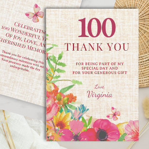 100ste verjaardag Bold Floral Linen Waardering Bedankkaart