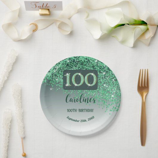 100ste verjaardag Chic Falling Green Glitter Papieren Bordje (Huwelijk)