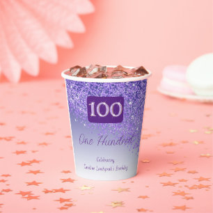 100ste verjaardag Classy Falling Paarse Glitter Papieren Bekers