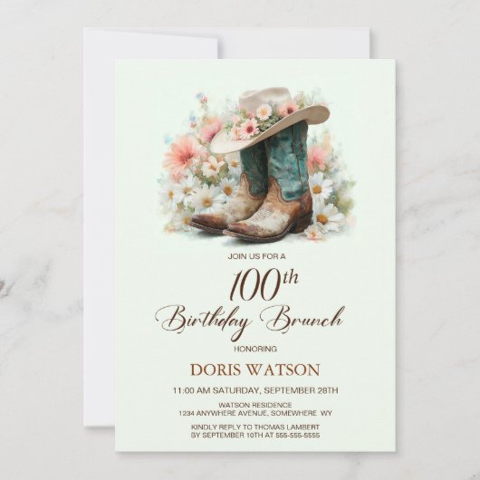100ste verjaardag Cowgirl Boots Verjaardag Brunch Kaart (Voorkant)