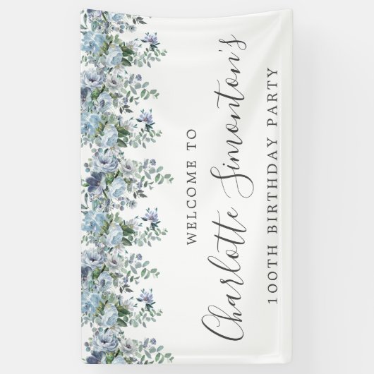 100ste verjaardag Dusty Blue Floral Welkom Spandoek (Verticaal)