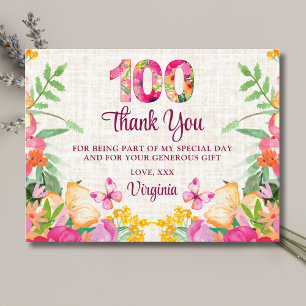 100ste Verjaardag Elegante Bloemrijke Linnen Dankj Briefkaart