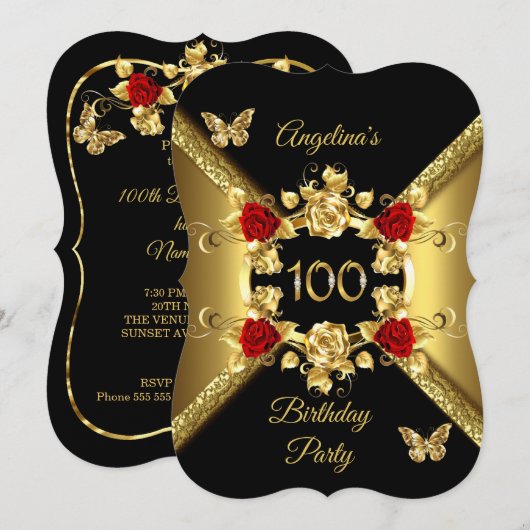 100ste Verjaardag Elegante Gouden Rode Rozen Zwart Kaart (Voorkant / Achterkant)