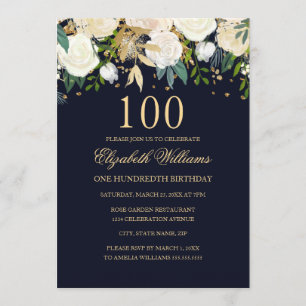 100ste verjaardag Elegante Navy Gold Floral Invita Kaart