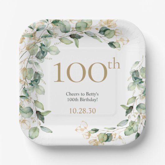 100ste verjaardag Eucalyptus Papieren Bordje (Voorkant)