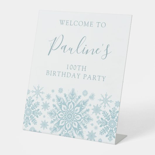 100ste Verjaardag Feest Blauw Wit Sneeuwvlok Welko Reclamebord Met Voetstuk (Voorkant)